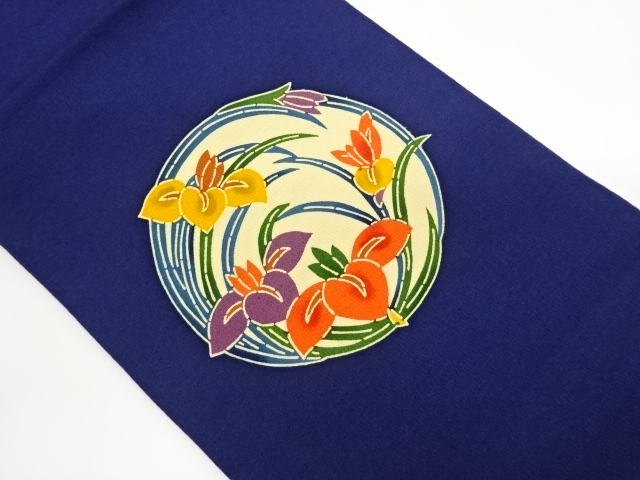 Nagoya obi with iris flower roundel design (Matsuba tailoring)